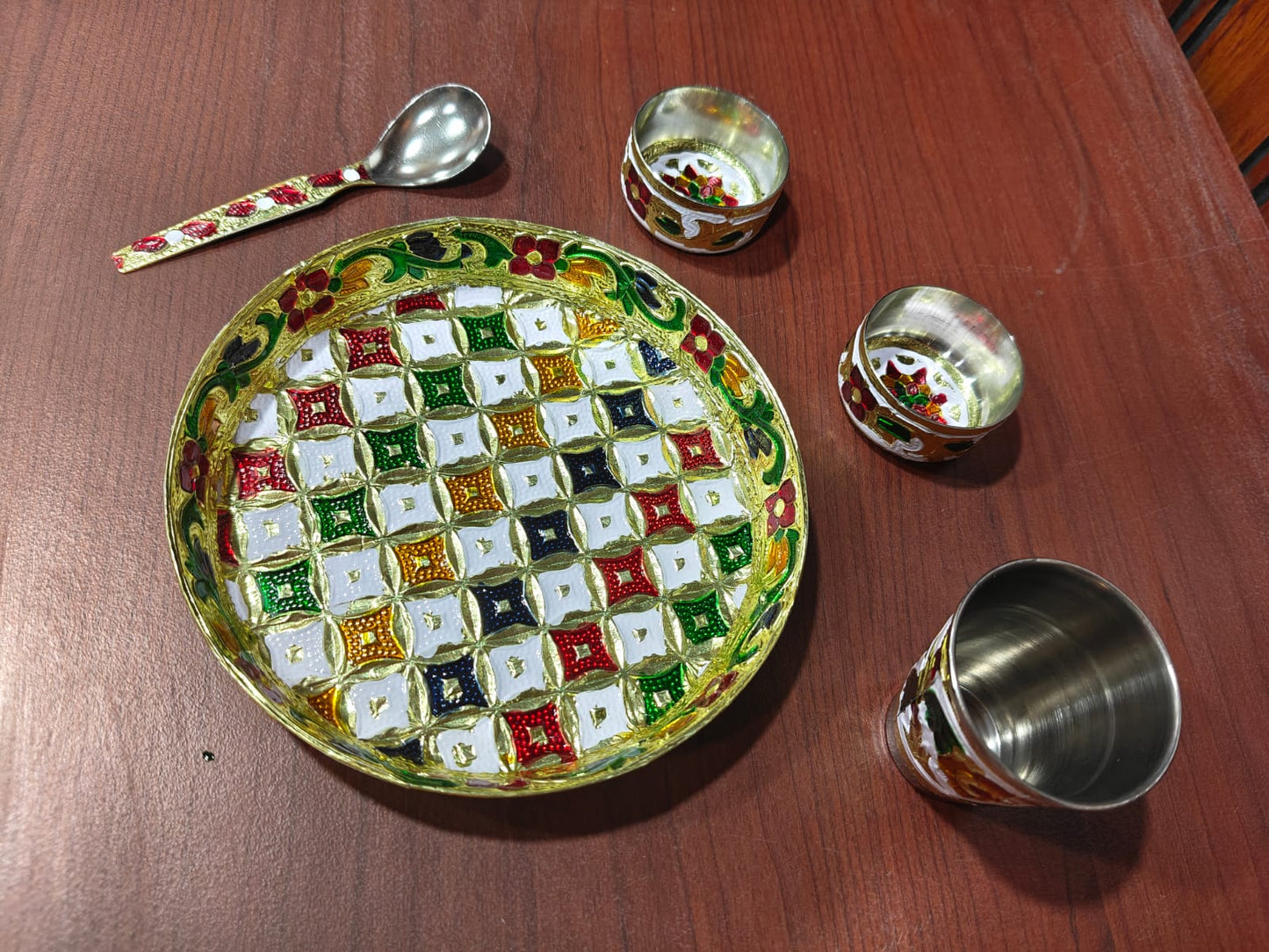 Laddu Gopal Ji Bhog Thali Set – Multicolour Pooja Plate with 2 Bowls & Spoon, Prasadam Offering Set for Daily Worship (4 Items)