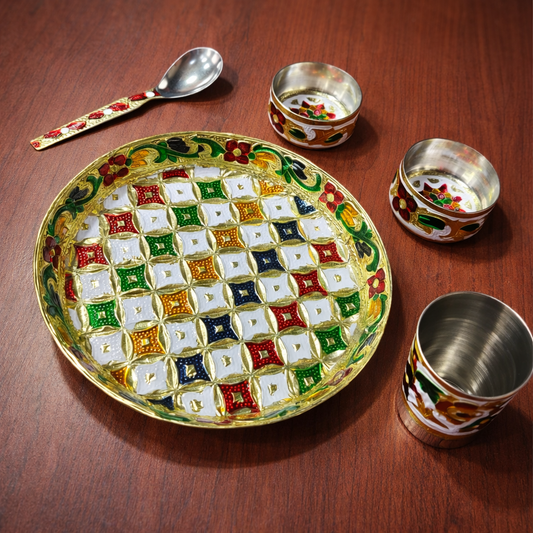 Laddu Gopal Ji Bhog Thali Set – Multicolour Pooja Plate with 2 Bowls & Spoon, Prasadam Offering Set for Daily Worship (4 Items)