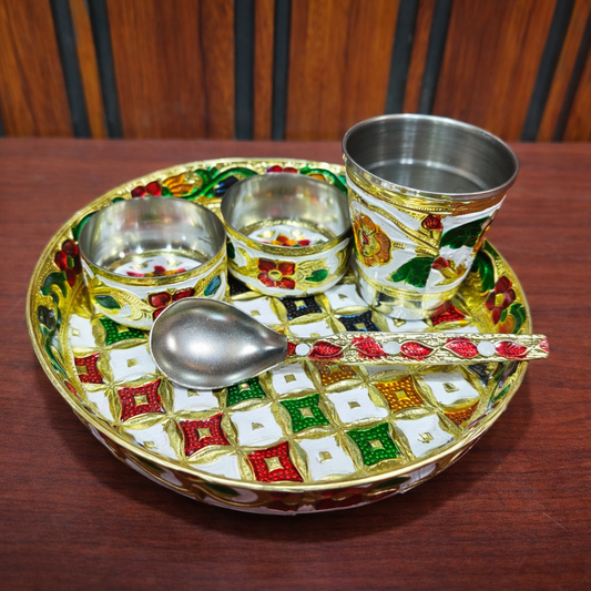 Laddu Gopal Ji Bhog Thali Set – Multicolour Pooja Plate with 2 Bowls & Spoon, Prasadam Offering Set for Daily Worship (4 Items)
