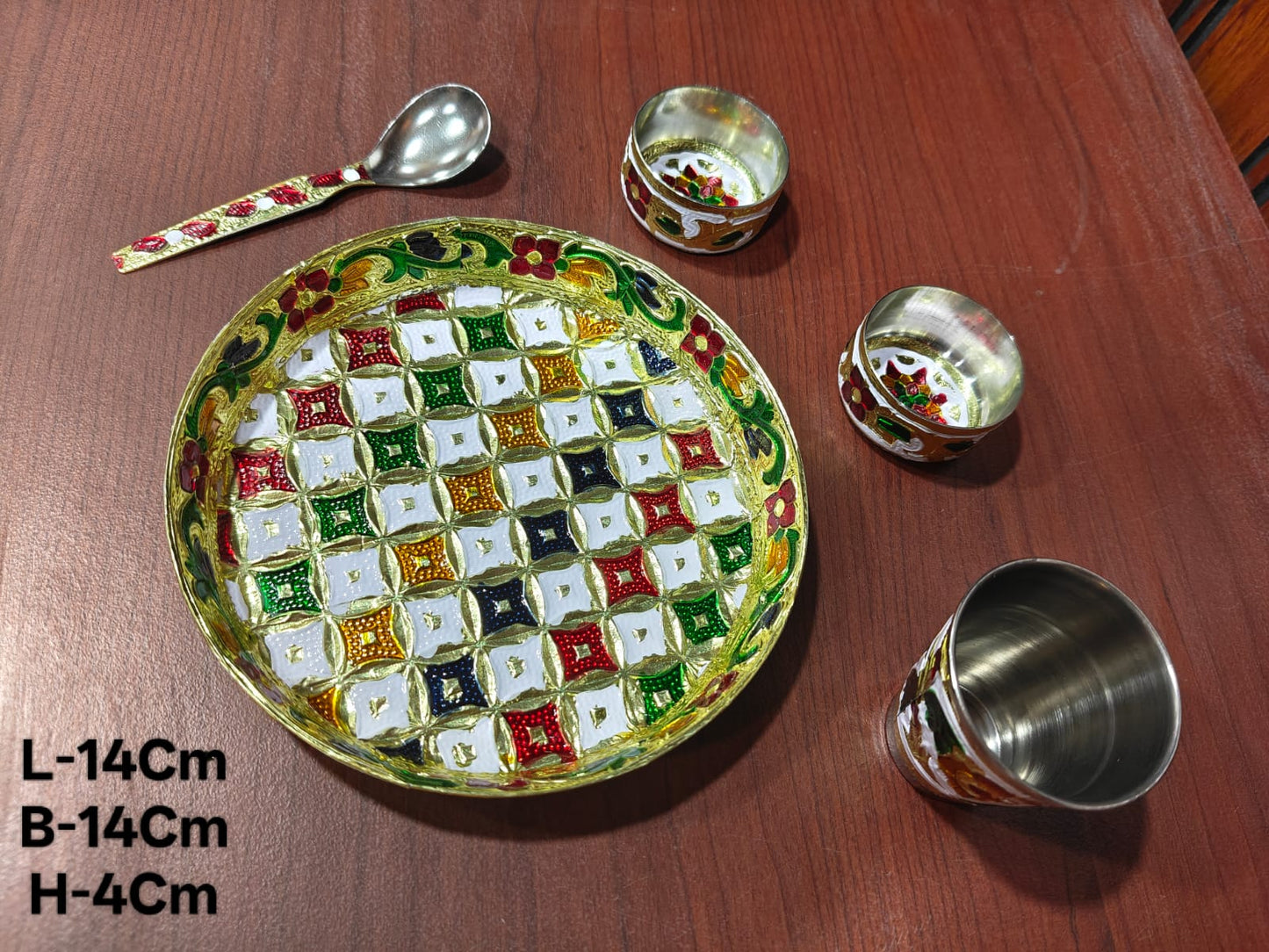 Laddu Gopal Ji Bhog Thali Set – Multicolour Pooja Plate with 2 Bowls & Spoon, Prasadam Offering Set for Daily Worship (4 Items)