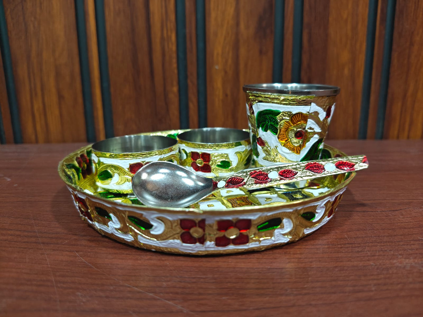 Laddu Gopal Ji Bhog Thali Set – Multicolour Pooja Plate with 2 Bowls & Spoon, Prasadam Offering Set for Daily Worship (4 Items)