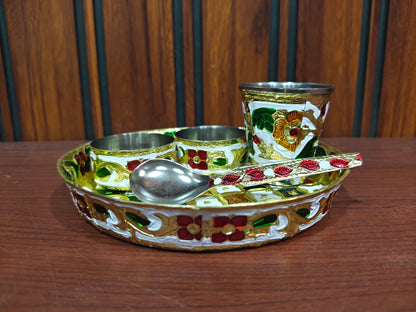 Laddu Gopal Ji Bhog Thali Set – Multicolour Pooja Plate with 2 Bowls & Spoon, Prasadam Offering Set for Daily Worship (4 Items)