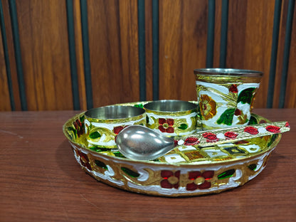 Laddu Gopal Ji Bhog Thali Set – Multicolour Pooja Plate with 2 Bowls & Spoon, Prasadam Offering Set for Daily Worship (4 Items)