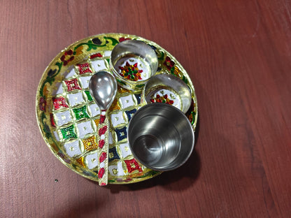 Laddu Gopal Ji Bhog Thali Set – Multicolour Pooja Plate with 2 Bowls & Spoon, Prasadam Offering Set for Daily Worship (4 Items)