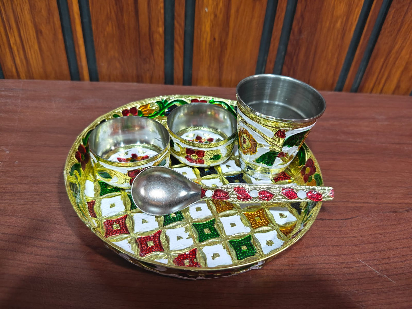 Laddu Gopal Ji Bhog Thali Set – Multicolour Pooja Plate with 2 Bowls & Spoon, Prasadam Offering Set for Daily Worship (4 Items)