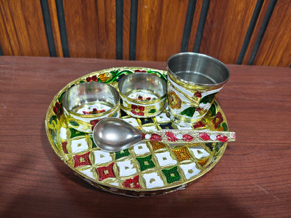 Laddu Gopal Ji Bhog Thali Set – Multicolour Pooja Plate with 2 Bowls & Spoon, Prasadam Offering Set for Daily Worship (4 Items)