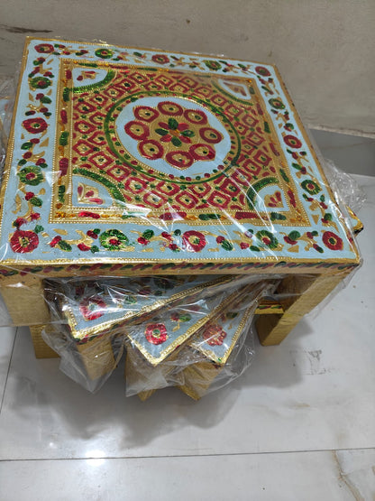 Mata Ki Chowki for Pooja – Multicolour Golden Silver Chowki Stand for Mandir, Idol Platform for Home Temple & Rituals (36×36×13 cm)