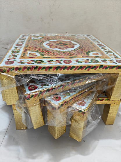 Mata Ki Chowki for Pooja – Multicolour Golden Silver Chowki Stand for Mandir, Idol Platform for Home Temple & Rituals (36×36×13 cm)