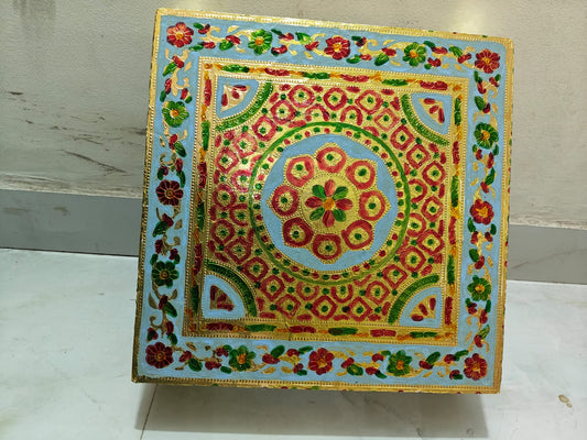 Mata Ki Chowki for Pooja – Multicolour Golden Silver Chowki Stand for Mandir, Idol Platform for Home Temple & Rituals (36×36×13 cm)