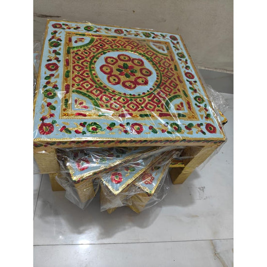 Mata Ki Chowki for Pooja – Multicolour Golden Silver Chowki Stand for Mandir, Idol Platform for Home Temple & Rituals (36×36×13 cm)
